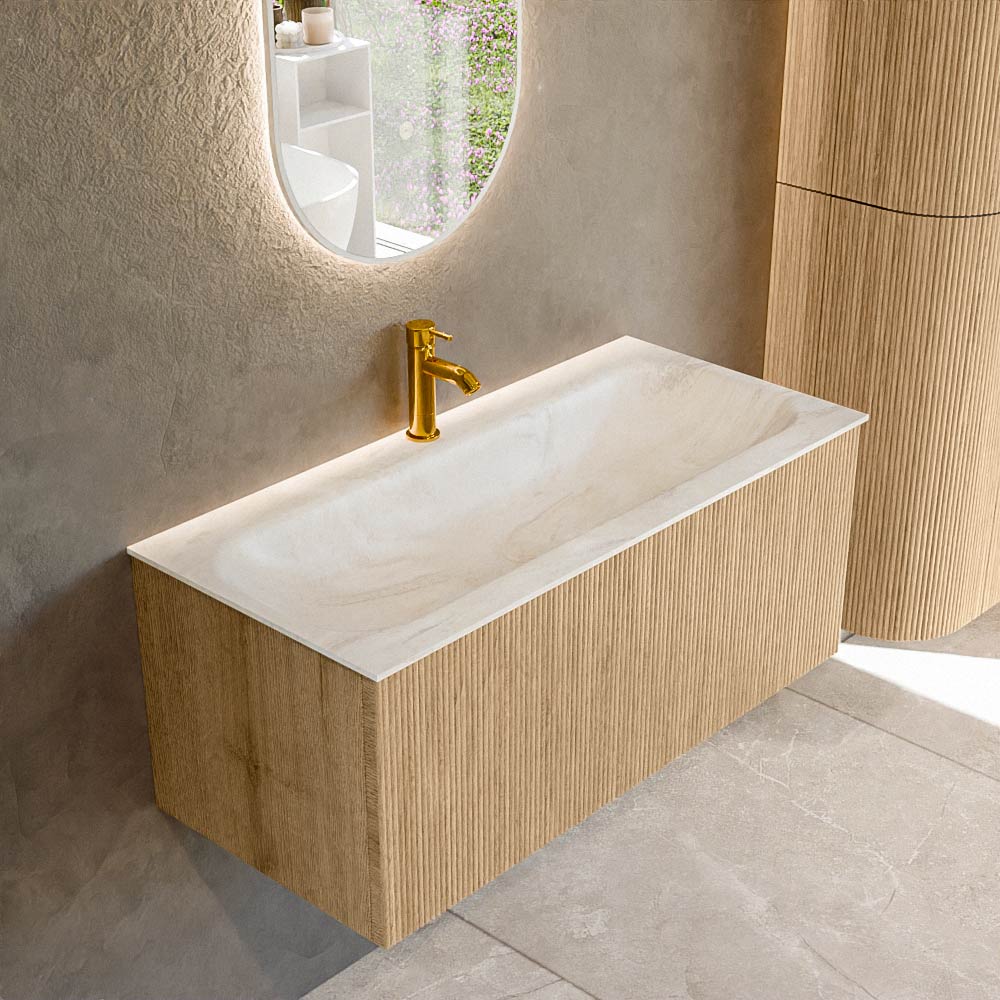Mondiaz KURVE-DLUX 100 cm Onderkast Greeploos 1 Lade Zonder Deuren Oak, Wastafel Solid Surface Volledig Ostra 1 Kraangat Zonder Spiegel (KRVBGM1001L0D1KM-Oak/Ost)