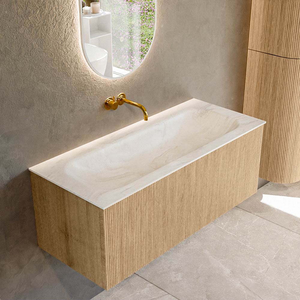 Mondiaz KURVE-DLUX 110 cm Onderkast Greeploos 1 Lade Zonder Deuren Oak, Wastafel Solid Surface Volledig Ostra 0 Kraangaten Zonder Spiegel (KRVBGM1101L0D0KM-Oak/Ost)