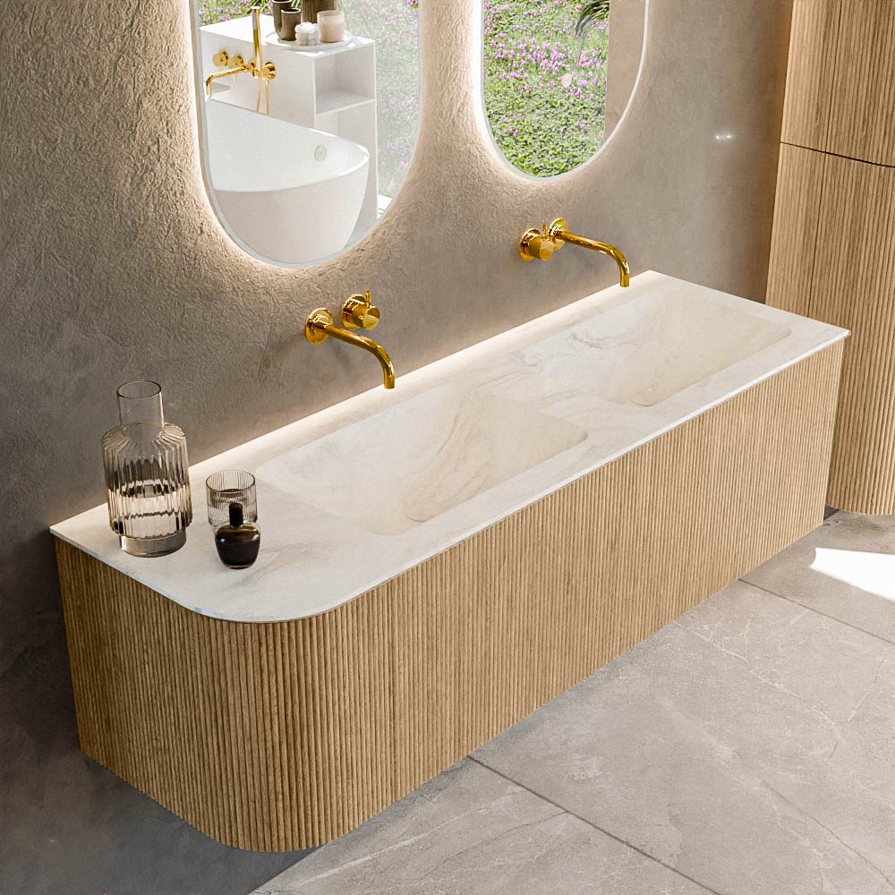 Mondiaz KURVE-DLUX 145 cm Onderkast Greeploos 1 Lade Met Deuren Oak, Wastafel Solid Surface Rechts Ostra 0 Kraangaten Zonder Spiegel (KRVLEA145L1L1D0KD-Oak/Ost)