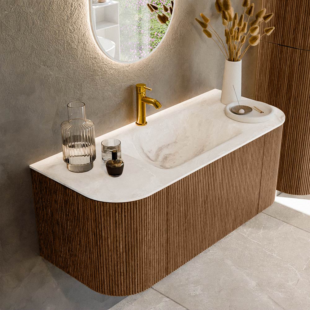 Mondiaz KURVE-DLUX 110 cm Onderkast Greeploos 1 Lade Met Deuren Walnut, Wastafel Solid Surface Midden Frappe 1 Kraangat Zonder Spiegel (KRVCLO110L+R1L2D1KM-Wal/Fra)