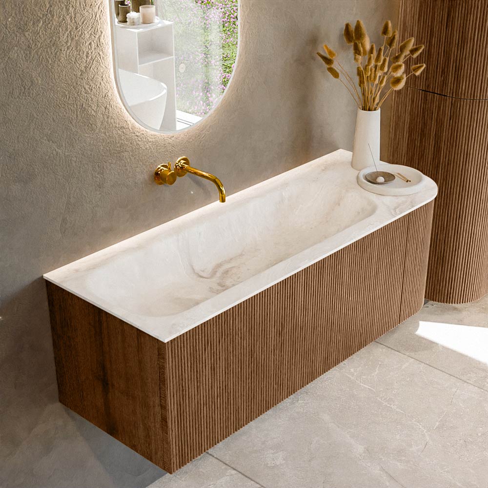 Mondiaz KURVE-DLUX 125 cm Onderkast Greeploos 1 Lade Met Deuren Walnut, Wastafel Solid Surface Links Frappe 0 Kraangaten Zonder Spiegel (KRVBGM125R1L1D0KL-Wal/Fra)