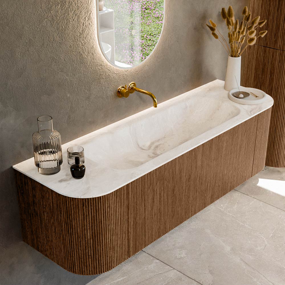 Mondiaz KURVE-DLUX 150 cm Onderkast Greeploos 1 Lade Met Deuren Walnut, Wastafel Solid Surface Midden Frappe 0 Kraangaten Zonder Spiegel (KRVBGM150L+R1L2D0KM-Wal/Fra)