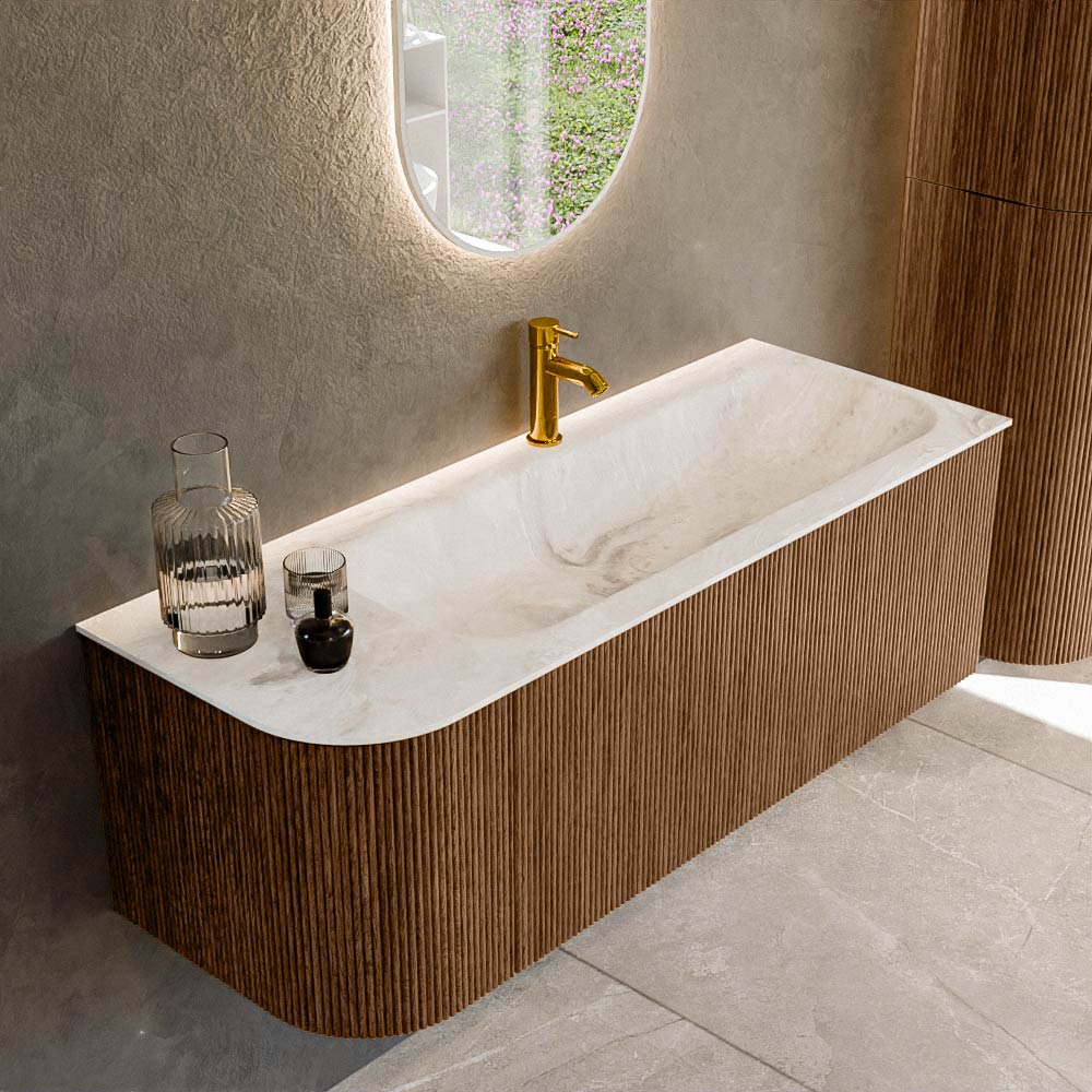 Mondiaz KURVE-DLUX 125 cm Onderkast Greeploos 1 Lade Met Deuren Walnut, Wastafel Solid Surface Rechts Frappe 1 Kraangat Zonder Spiegel (KRVBGM125L1L1D1KR-Wal/Fra)