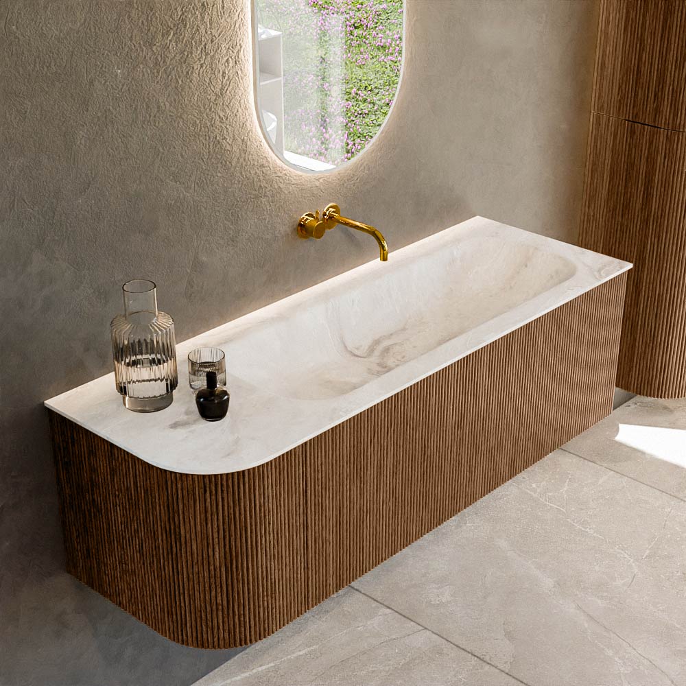 Mondiaz KURVE-DLUX 135 cm Onderkast Greeploos 1 Lade Met Deuren Walnut, Wastafel Solid Surface Rechts Frappe 0 Kraangaten Zonder Spiegel (KRVBGM135L1L1D0KR-Wal/Fra)