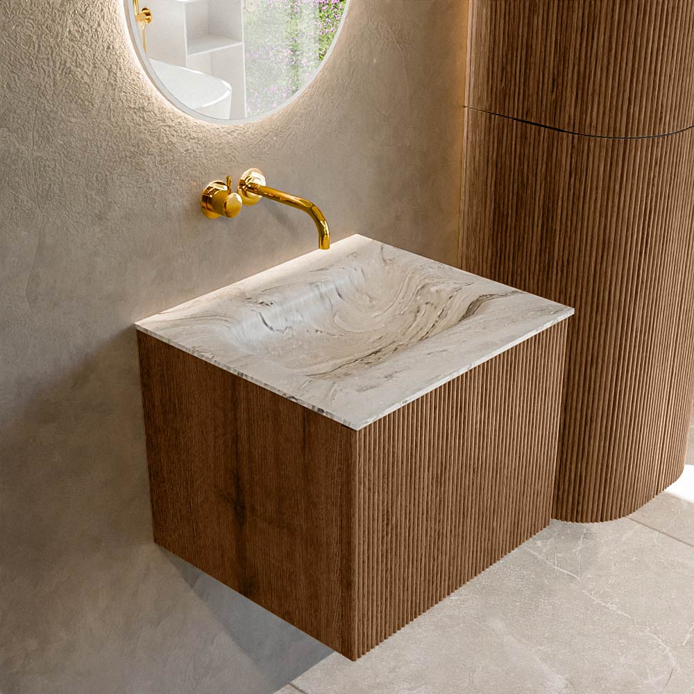Mondiaz KURVE-DLUX 50 cm Onderkast Greeploos 1 Lade Zonder Deuren Walnut, Wastafel Solid Surface Midden Glace 0 Kraangaten Zonder Spiegel (KRVGRU501L0D0KM-Wal/Gla)