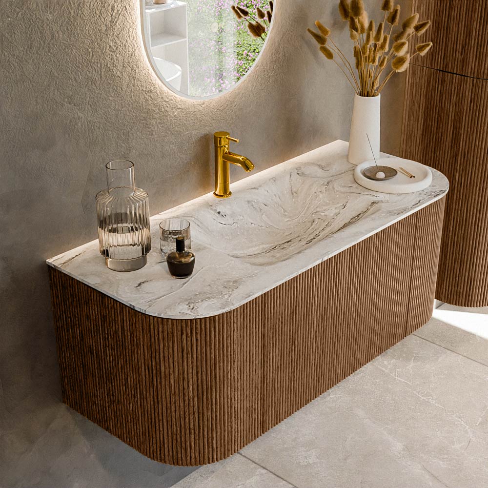 Mondiaz KURVE-DLUX 110 cm Onderkast Greeploos 1 Lade Met Deuren Walnut, Wastafel Solid Surface Midden Glace 1 Kraangat Zonder Spiegel (KRVCLO110L+R1L2D1KM-Wal/Gla)