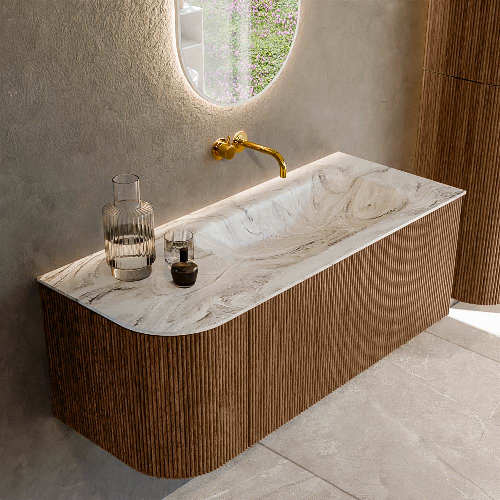 Mondiaz KURVE-DLUX 115 cm Onderkast Greeploos 1 Lade Met Deuren Walnut, Wastafel Solid Surface Rechts Glace 0 Kraangaten Zonder Spiegel (KRVBGS115L1L1D0KR-Wal/Gla)