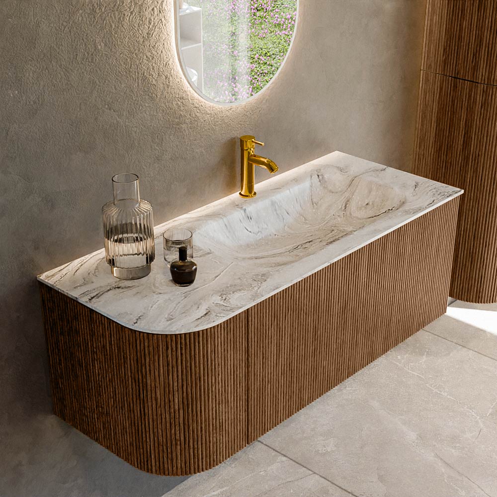 Mondiaz KURVE-DLUX 115 cm Onderkast Greeploos 1 Lade Met Deuren Walnut, Wastafel Solid Surface Rechts Glace 1 Kraangat Zonder Spiegel (KRVBGS115L1L1D1KR-Wal/Gla)