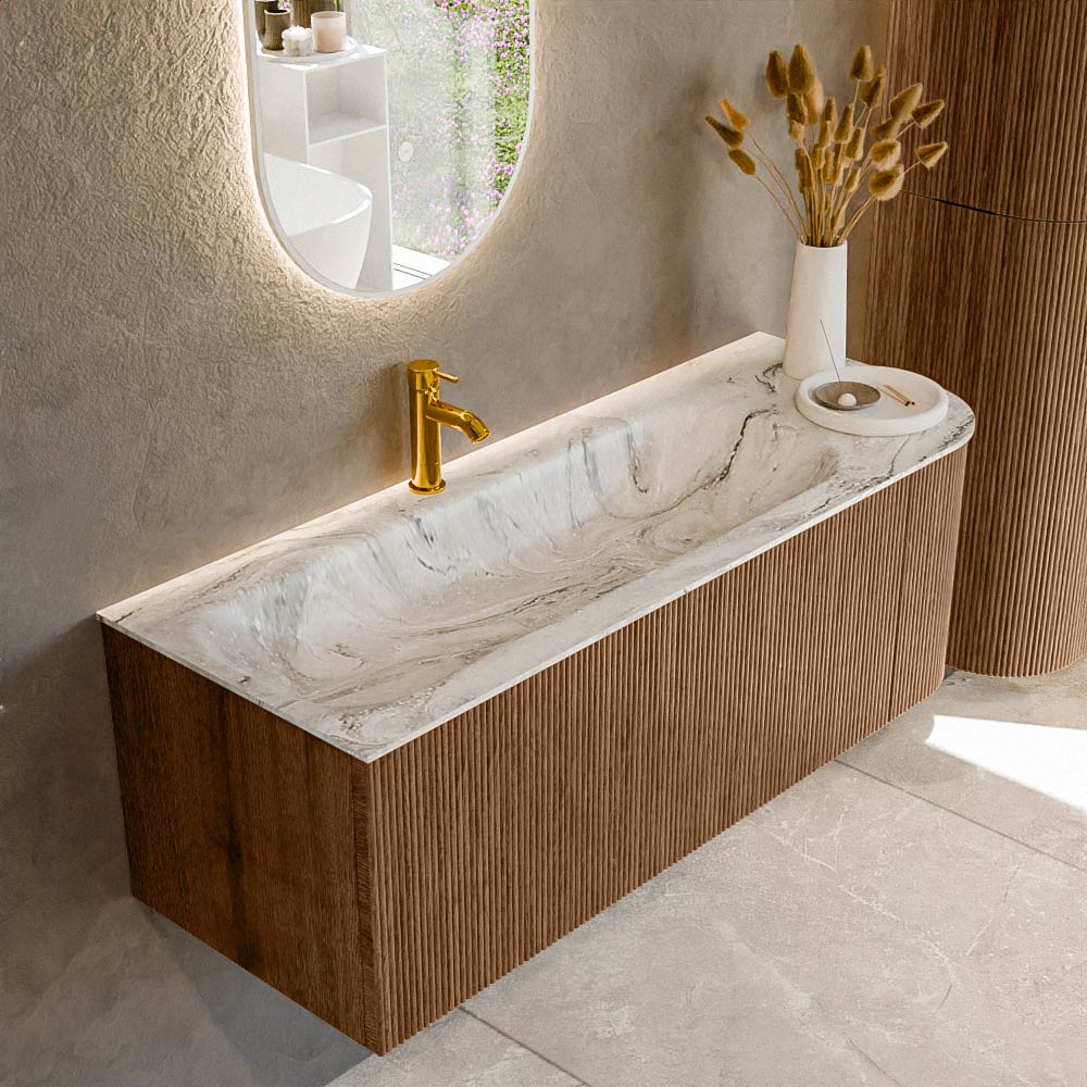 Mondiaz KURVE-DLUX 125 cm Onderkast Greeploos 1 Lade Met Deuren Walnut, Wastafel Solid Surface Links Glace 1 Kraangat Zonder Spiegel (KRVBGM125R1L1D1KL-Wal/Gla)