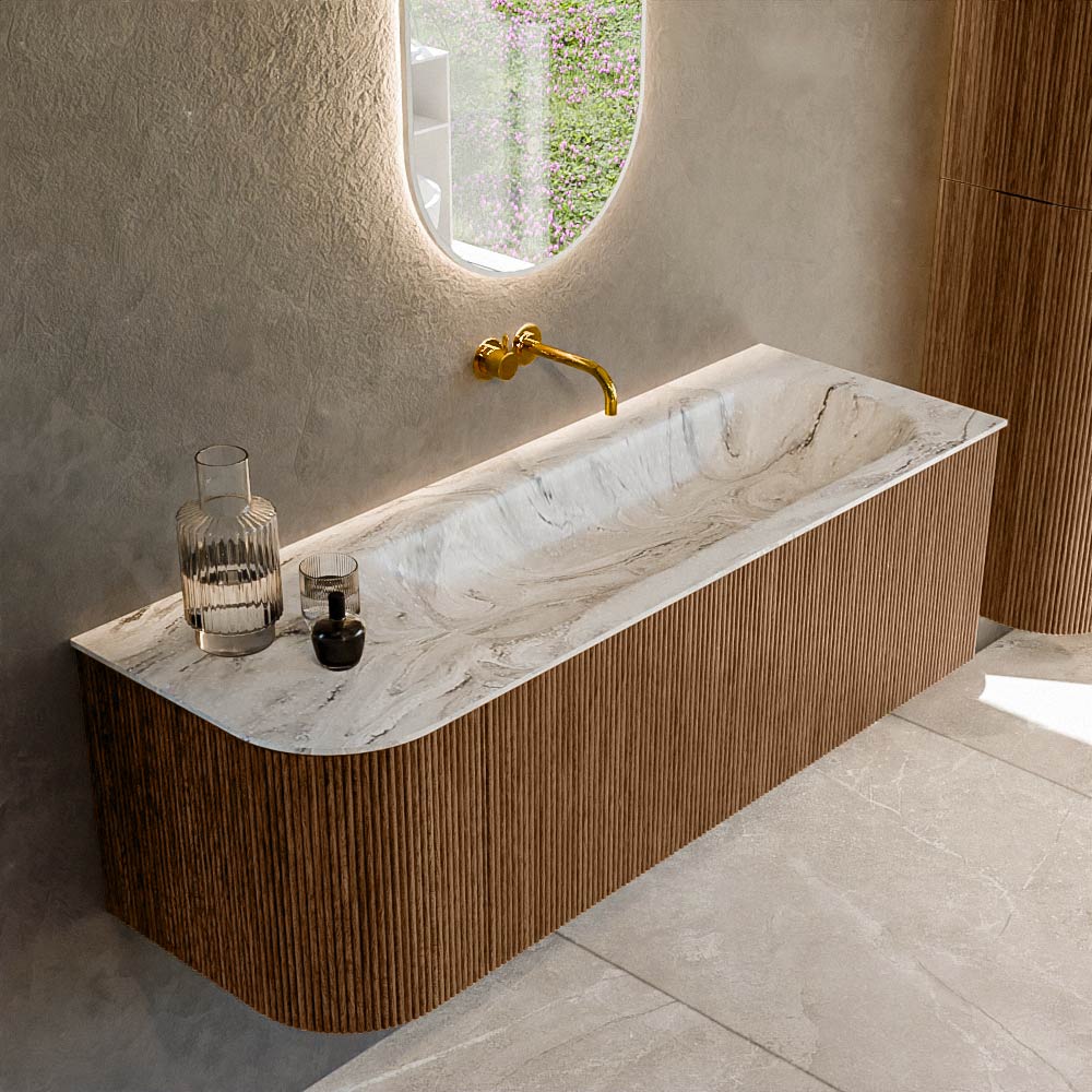 Mondiaz KURVE-DLUX 135 cm Onderkast Greeploos 1 Lade Met Deuren Walnut, Wastafel Solid Surface Rechts Glace 0 Kraangaten Zonder Spiegel (KRVBGM135L1L1D0KR-Wal/Gla)