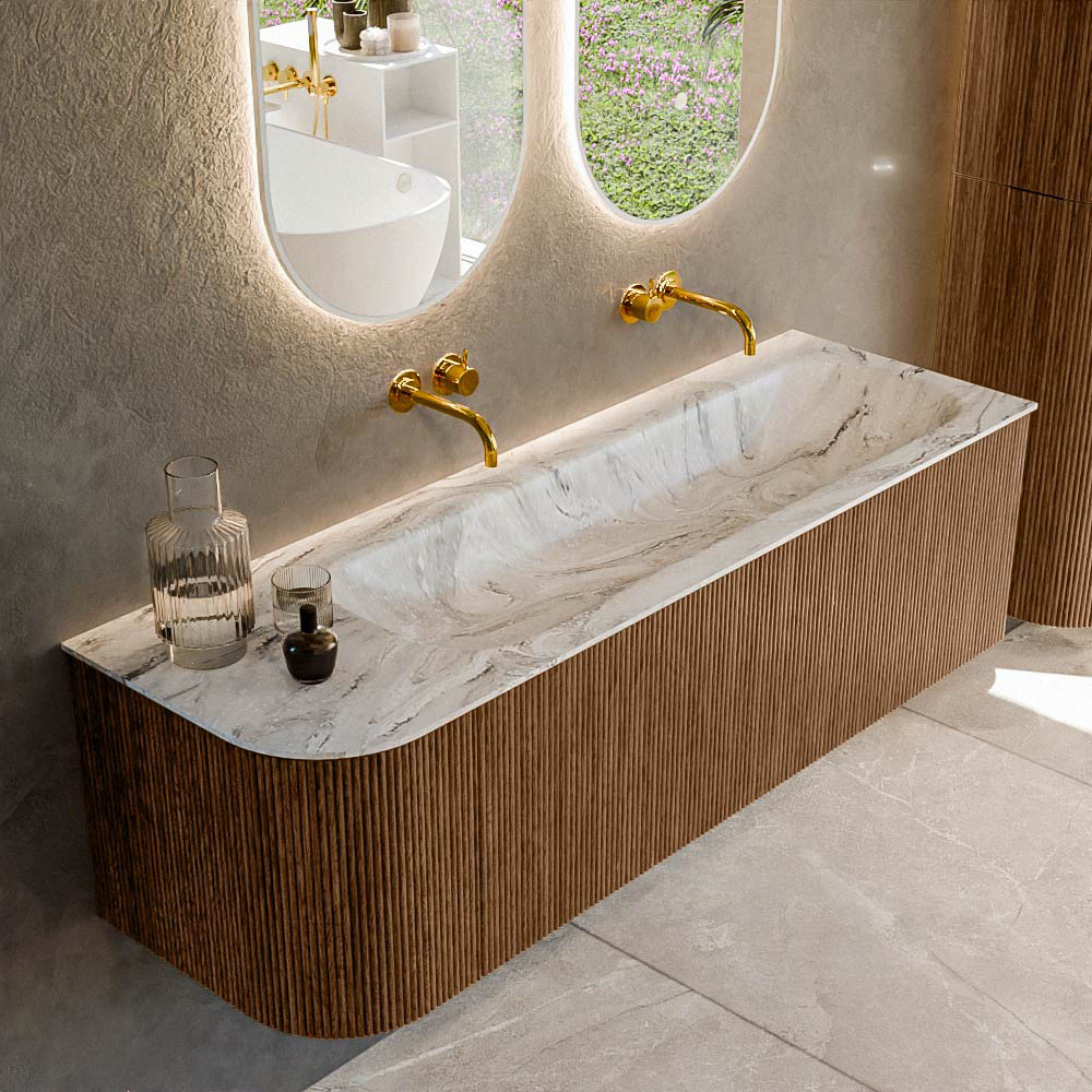 Mondiaz KURVE-DLUX 145 cm Onderkast Greeploos 1 Lade Met Deuren Walnut, Wastafel Solid Surface Rechts Glace 0 Kraangaten Zonder Spiegel (KRVBGL145L1L1D0KR-Wal/Gla)