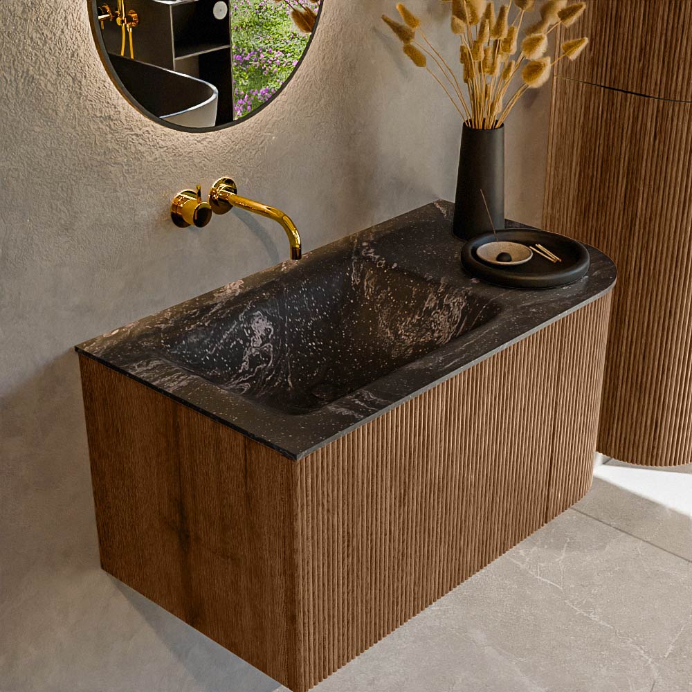 Mondiaz KURVE-DLUX 85 cm Onderkast Greeploos 1 Lade Met Deuren Walnut, Wastafel Solid Surface Links Lava 0 Kraangaten Zonder Spiegel (KRVCLO85R1L1D0KL-Wal/Lav)