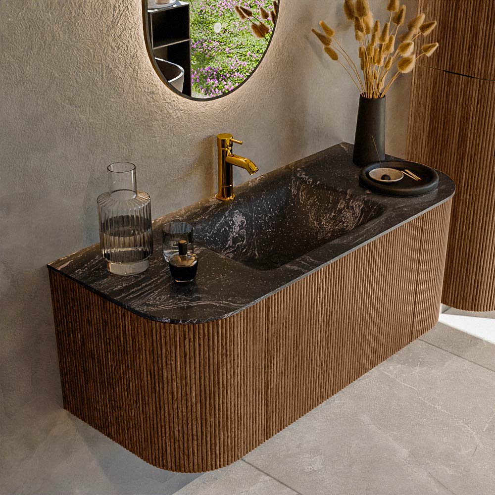 Mondiaz KURVE-DLUX 110 cm Onderkast Greeploos 1 Lade Met Deuren Walnut, Wastafel Solid Surface Midden Lava 1 Kraangat Zonder Spiegel (KRVCLO110L+R1L2D1KM-Wal/Lav)