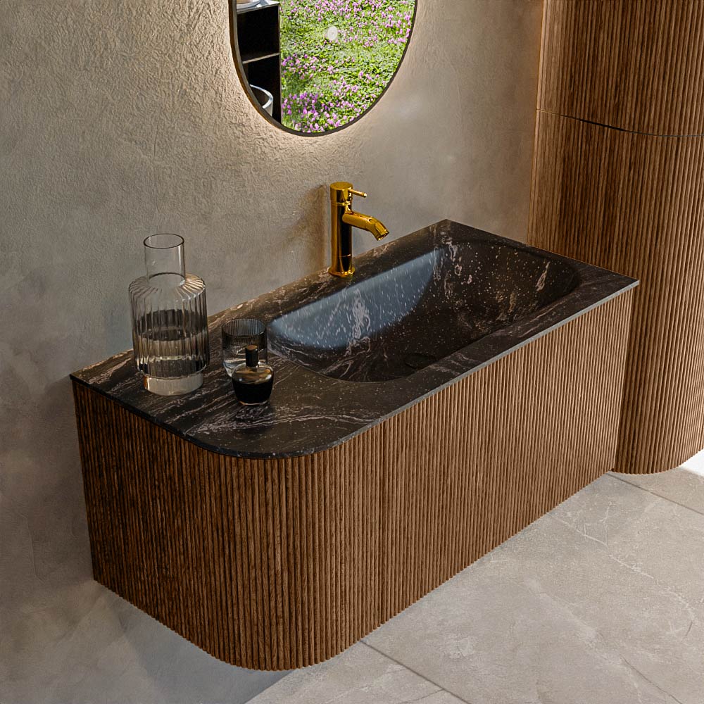 Mondiaz KURVE-DLUX 95 cm Onderkast Greeploos 1 Lade Met Deuren Walnut, Wastafel Solid Surface Rechts Lava 1 Kraangat Zonder Spiegel (KRVBGS95L1L1D1KR-Wal/Lav)