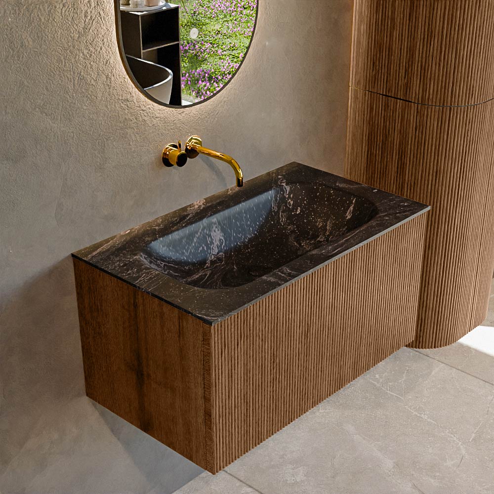 Mondiaz KURVE-DLUX 80 cm Onderkast Greeploos 1 Lade Zonder Deuren Walnut, Wastafel Solid Surface Volledig Lava 0 Kraangaten Zonder Spiegel (KRVBGS801L0D0KM-Wal/Lav)
