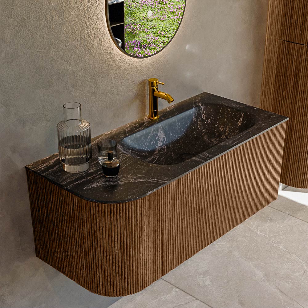 Mondiaz KURVE-DLUX 105 cm Onderkast Greeploos 1 Lade Met Deuren Walnut, Wastafel Solid Surface Rechts Lava 1 Kraangat Zonder Spiegel (KRVBGS105L1L1D1KR-Wal/Lav)