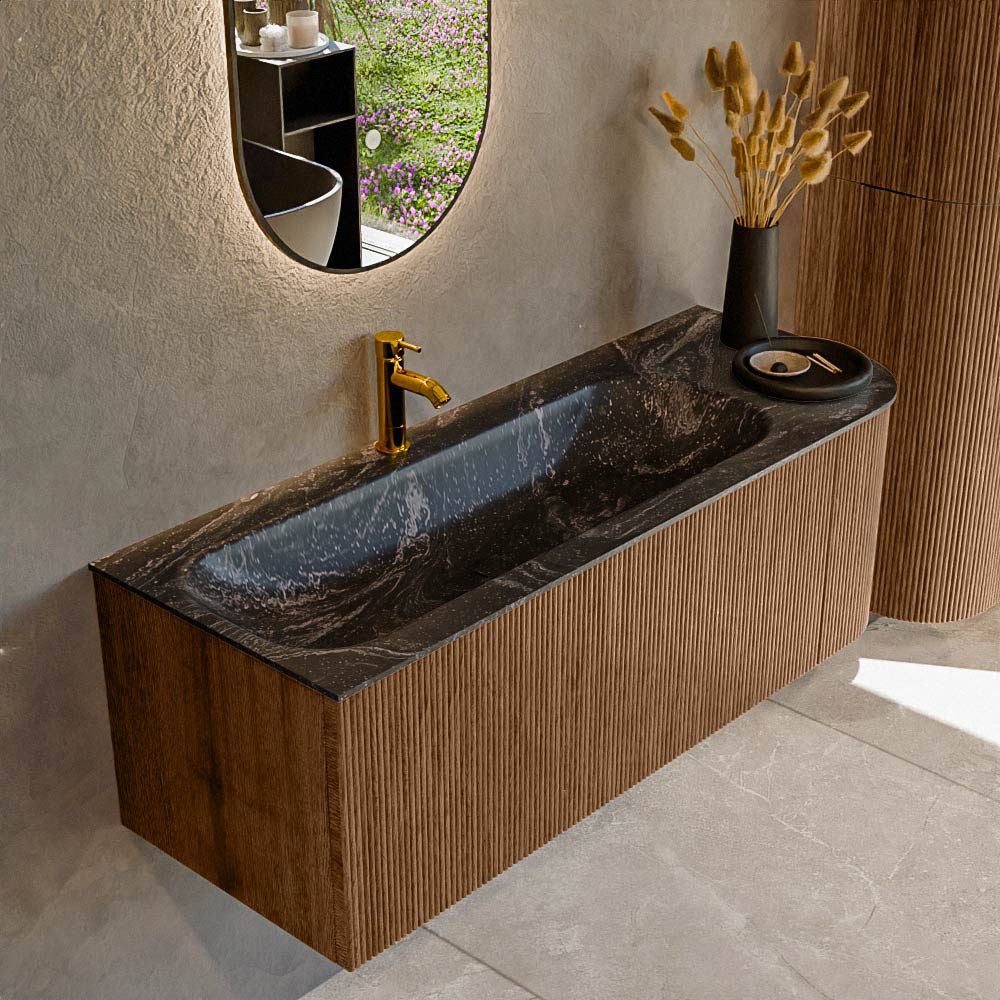 Mondiaz KURVE-DLUX 125 cm Onderkast Greeploos 1 Lade Met Deuren Walnut, Wastafel Solid Surface Links Lava 1 Kraangat Zonder Spiegel (KRVBGM125R1L1D1KL-Wal/Lav)