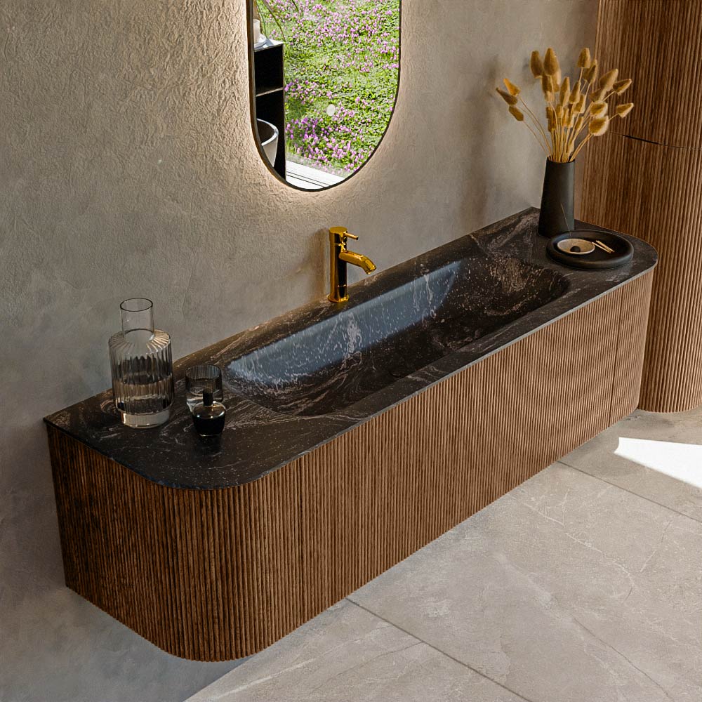 Mondiaz KURVE-DLUX 160 cm Onderkast Greeploos 1 Lade Met Deuren Walnut, Wastafel Solid Surface Midden Lava 1 Kraangat Zonder Spiegel (KRVBGM160L+R1L2D1KM-Wal/Lav)