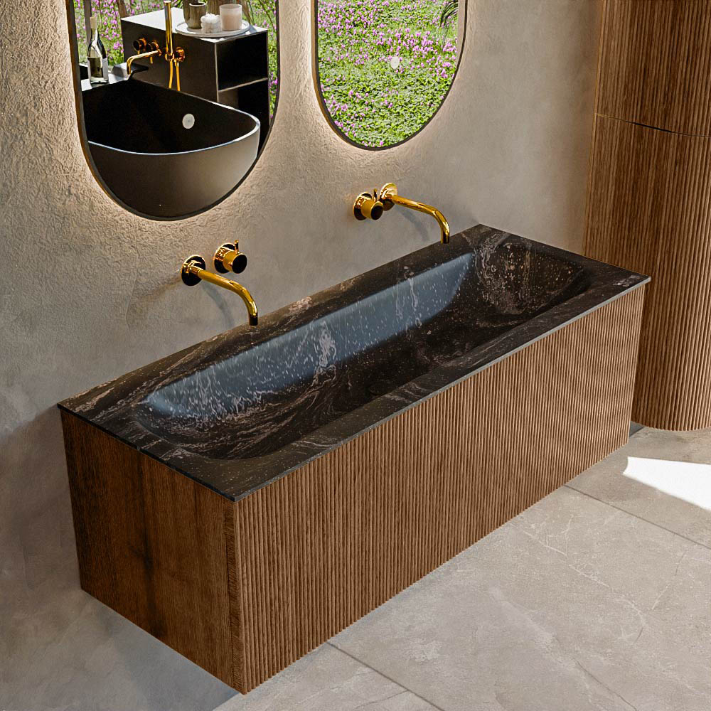 Mondiaz KURVE-DLUX 120 cm Onderkast Greeploos 1 Lade Zonder Deuren Walnut, Wastafel Solid Surface Volledig Lava 0 Kraangaten Zonder Spiegel (KRVBGL1201L0D0KM-Wal/Lav)