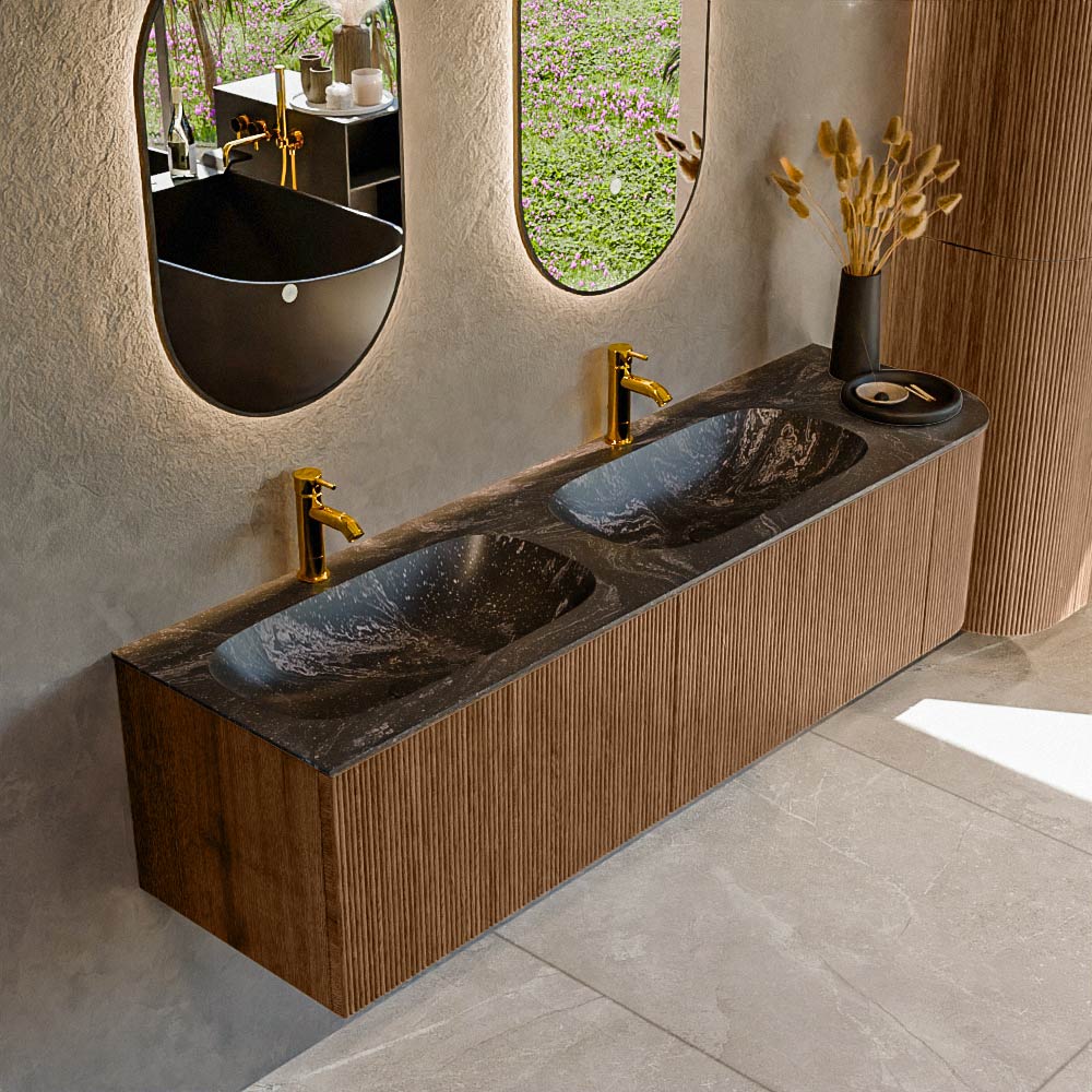Mondiaz KURVE-DLUX 165 cm Onderkast Greeploos 2 Lades Met Deuren Walnut, Wastafel Solid Surface Links Lava 2 Kraangaten Zonder Spiegel (KRVSTS165R2L1D2KD-Wal/Lav)