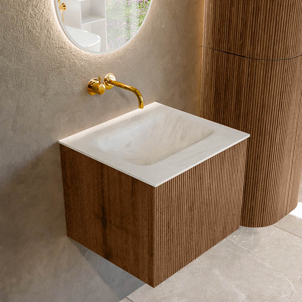 Mondiaz KURVE-DLUX 50 cm Onderkast Greeploos 1 Lade Zonder Deuren Walnut, Wastafel Solid Surface Midden Opalo 0 Kraangaten Zonder Spiegel (KRVGRU501L0D0KM-Wal/Opa)