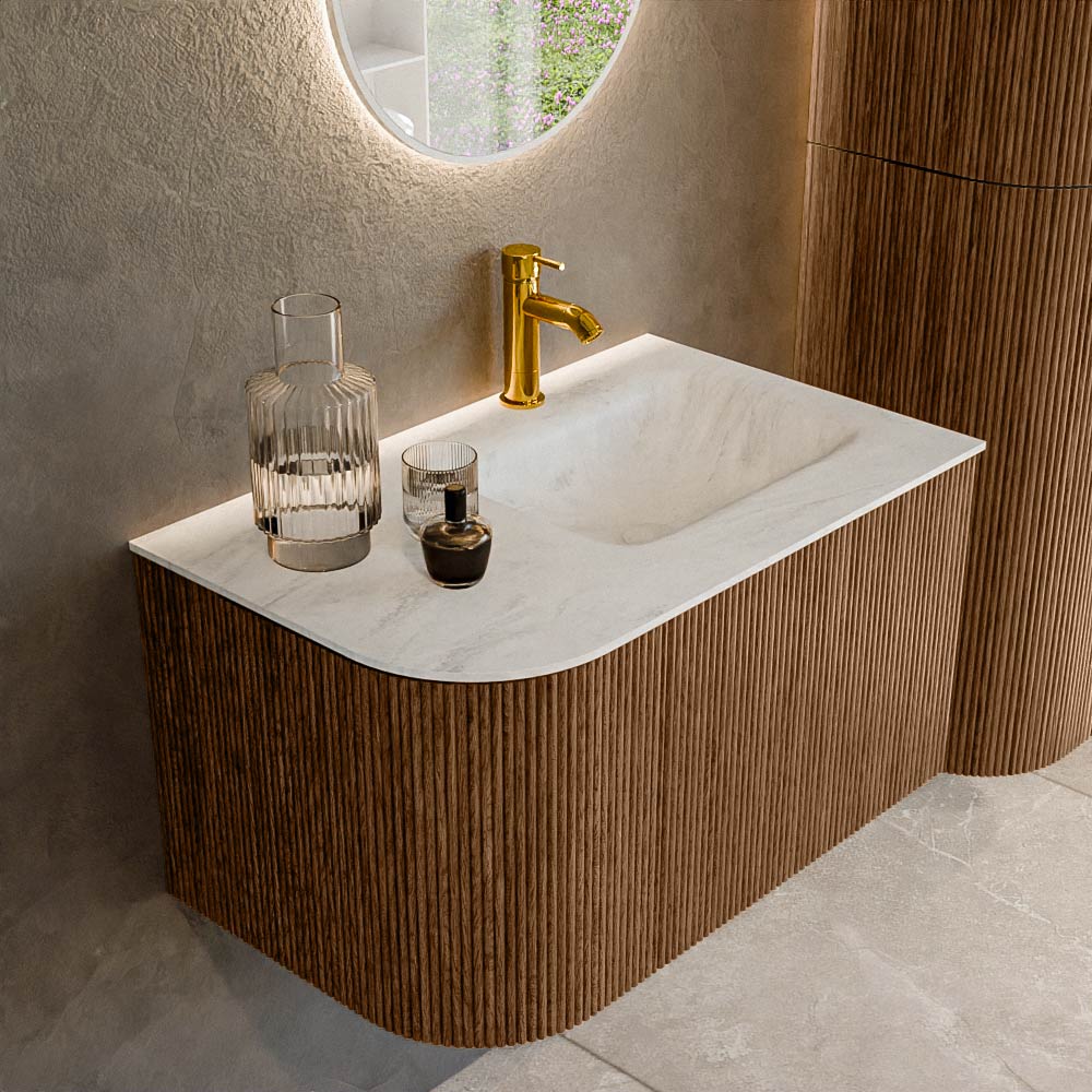 Mondiaz KURVE-DLUX 75 cm Onderkast Greeploos 1 Lade Met Deuren Walnut, Wastafel Solid Surface Rechts Opalo 1 Kraangat Zonder Spiegel (KRVGRU75L1L1D1KR-Wal/Opa)