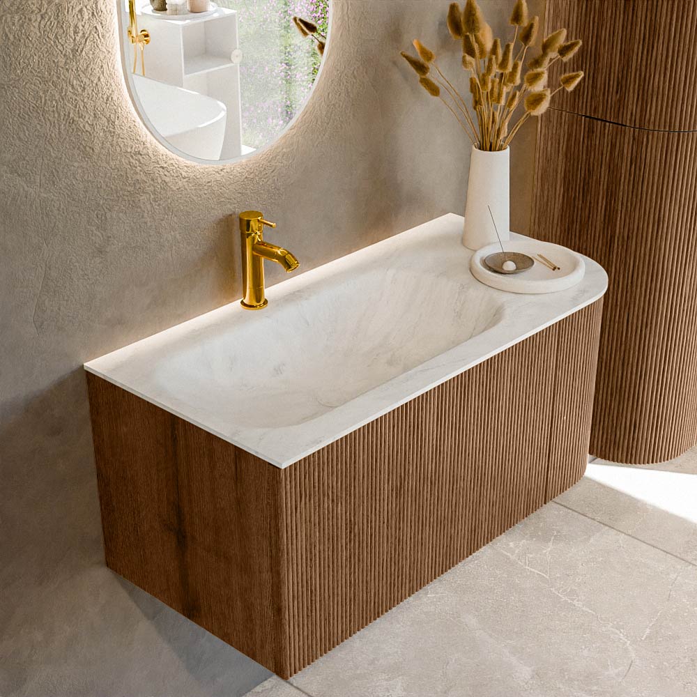 Mondiaz KURVE-DLUX 95 cm Onderkast Greeploos 1 Lade Met Deuren Walnut, Wastafel Solid Surface Links Opalo 1 Kraangat Zonder Spiegel (KRVBGS95R1L1D1KL-Wal/Opa)