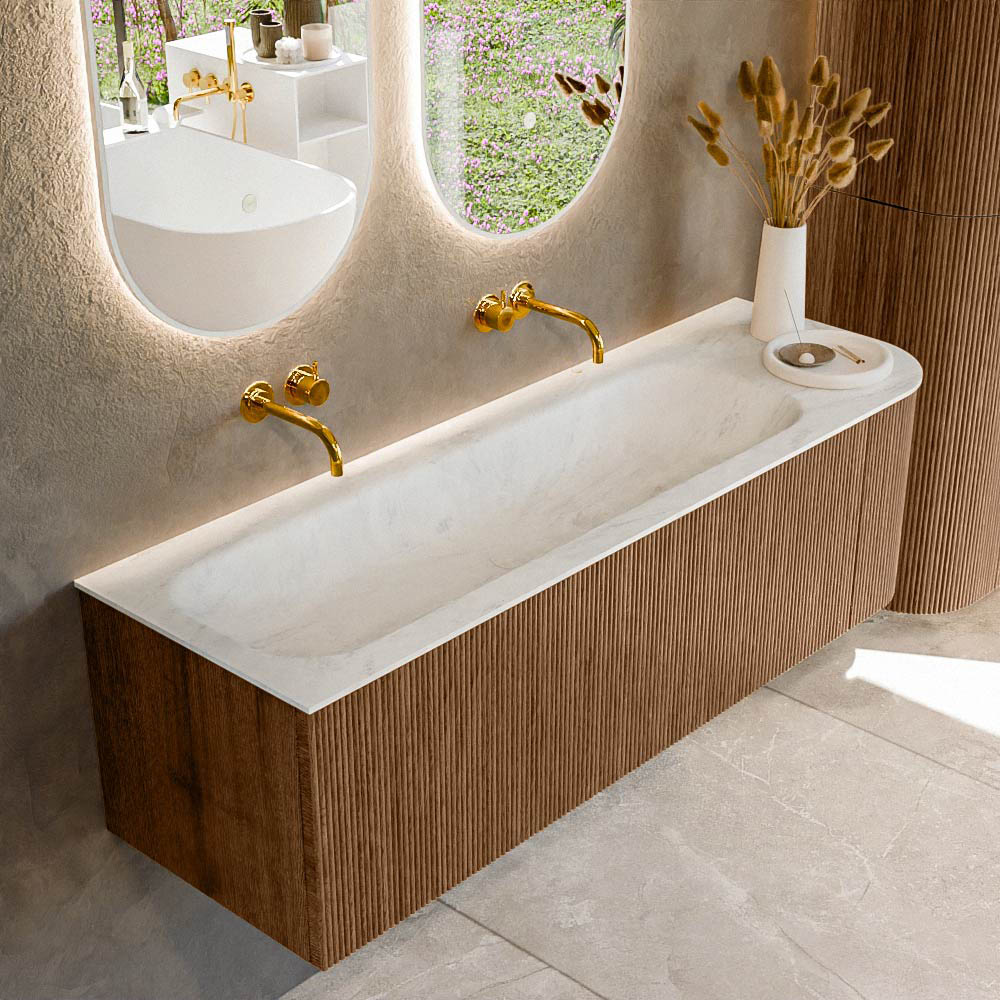 Mondiaz KURVE-DLUX 145 cm Onderkast Greeploos 1 Lade Met Deuren Walnut, Wastafel Solid Surface Links Opalo 0 Kraangaten Zonder Spiegel (KRVBGL145R1L1D0KL-Wal/Opa)
