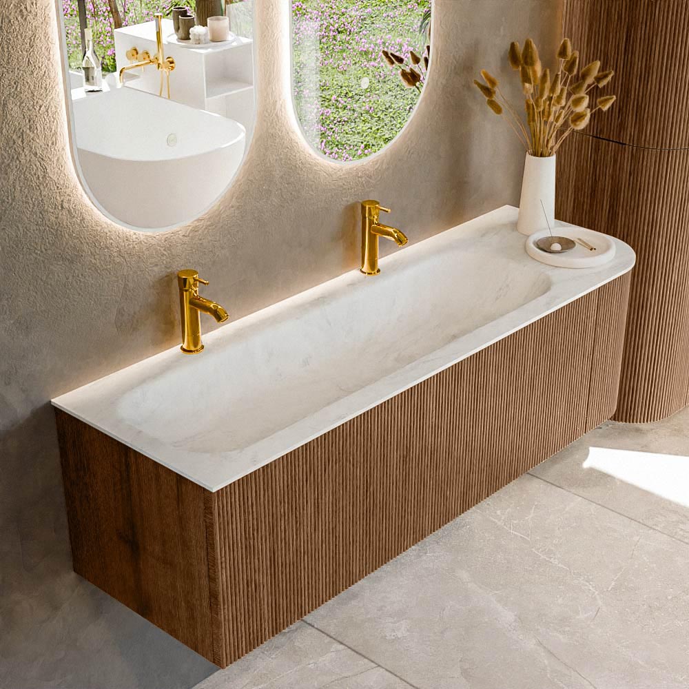Mondiaz KURVE-DLUX 145 cm Onderkast Greeploos 1 Lade Met Deuren Walnut, Wastafel Solid Surface Links Opalo 2 Kraangaten Zonder Spiegel (KRVBGL145R1L1D2KL-Wal/Opa)