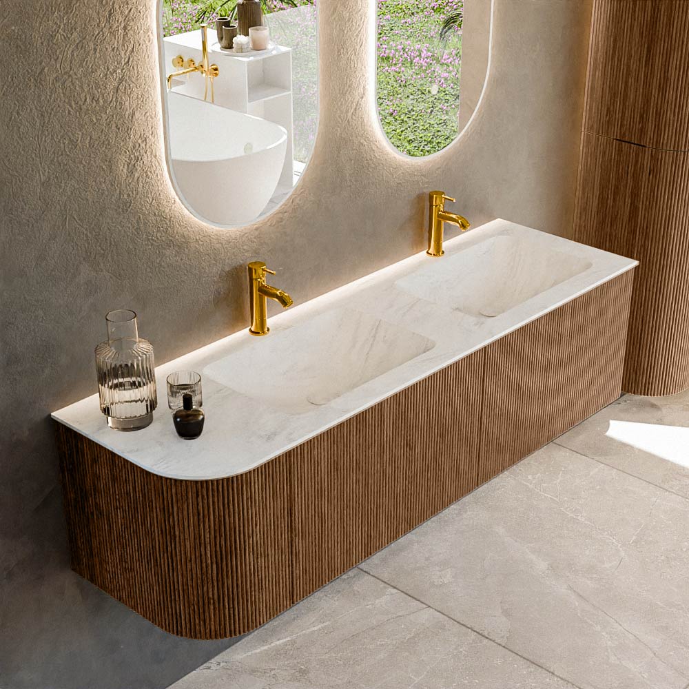 Mondiaz KURVE-DLUX 155 cm Onderkast Greeploos 2 Lades Met Deuren Walnut, Wastafel Solid Surface Rechts Opalo 2 Kraangaten Zonder Spiegel (KRVLEA155L2L1D2KD-Wal/Opa)