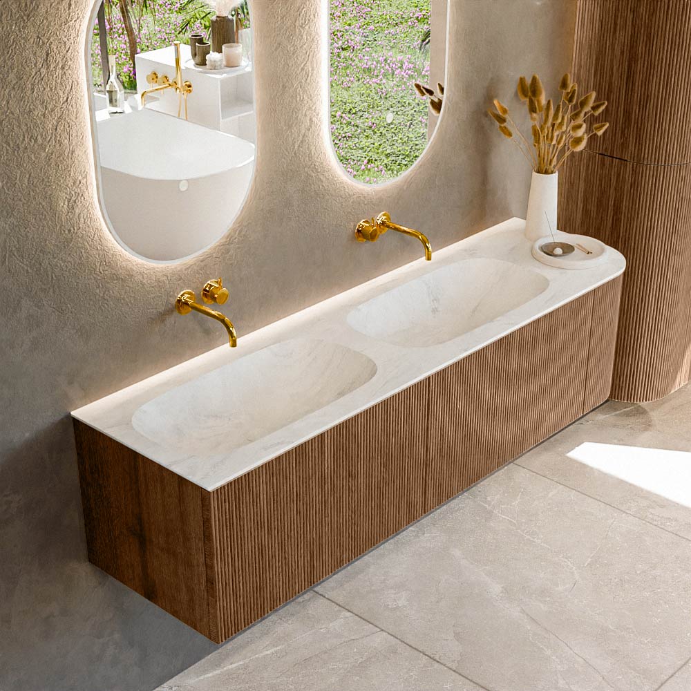 Mondiaz KURVE-DLUX 165 cm Onderkast Greeploos 2 Lades Met Deuren Walnut, Wastafel Solid Surface Links Opalo 0 Kraangaten Zonder Spiegel (KRVSTS165R2L1D0KD-Wal/Opa)