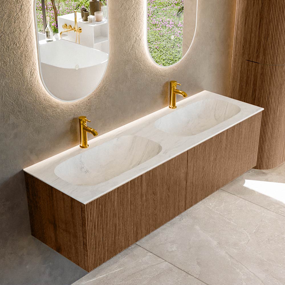 Mondiaz KURVE-DLUX 150 cm Onderkast Greeploos 2 Lades Zonder Deuren Walnut, Wastafel Solid Surface Dubbel Opalo 2 Kraangaten Zonder Spiegel (KRVSTS1502L0D2KD-Wal/Opa)