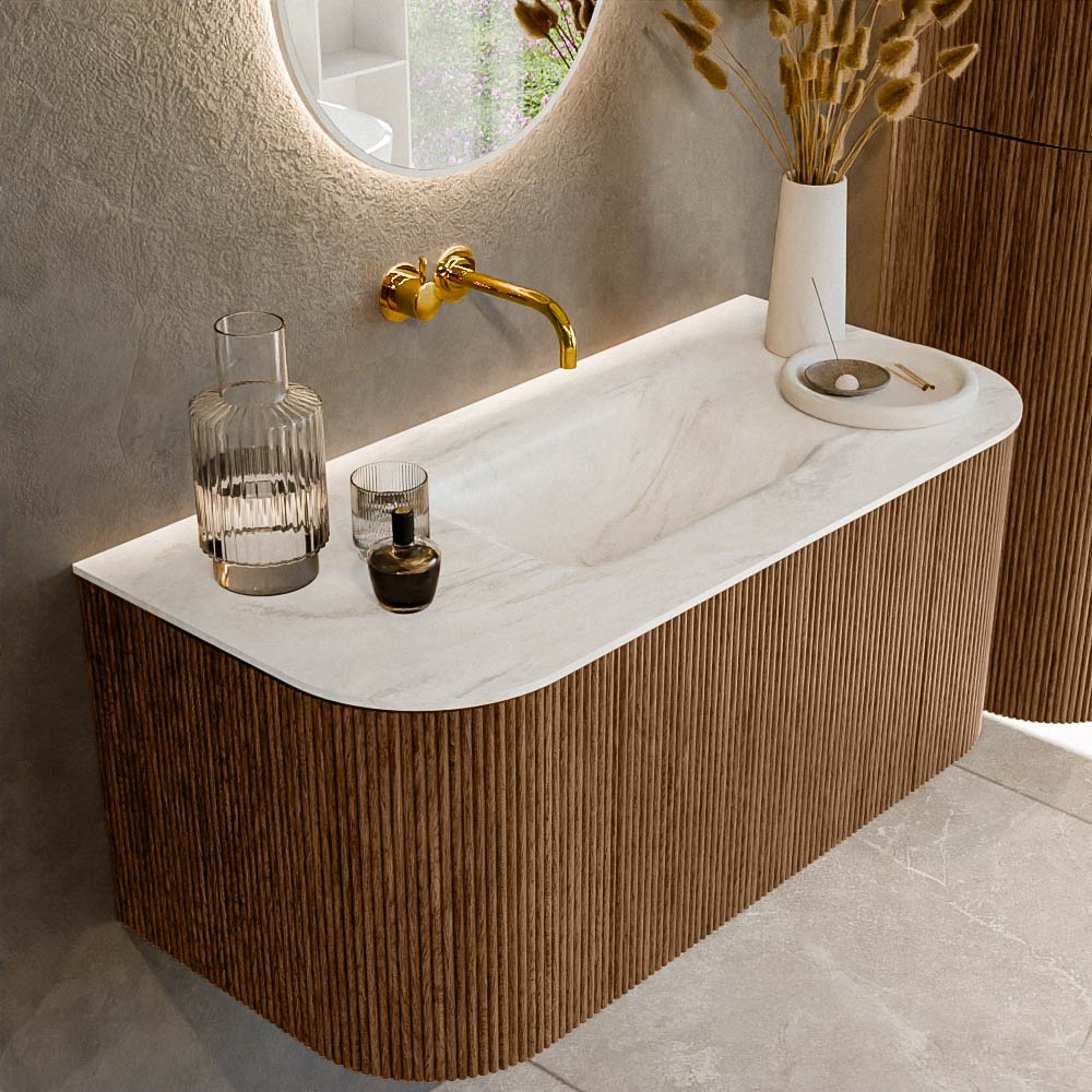 Mondiaz KURVE-DLUX 100 cm Onderkast Greeploos 1 Lade Met Deuren Walnut, Wastafel Solid Surface MIdden Ostra 0 Kraangaten Zonder Spiegel (KRVGRU100L+R1L2D0KM-Wal/Ost)