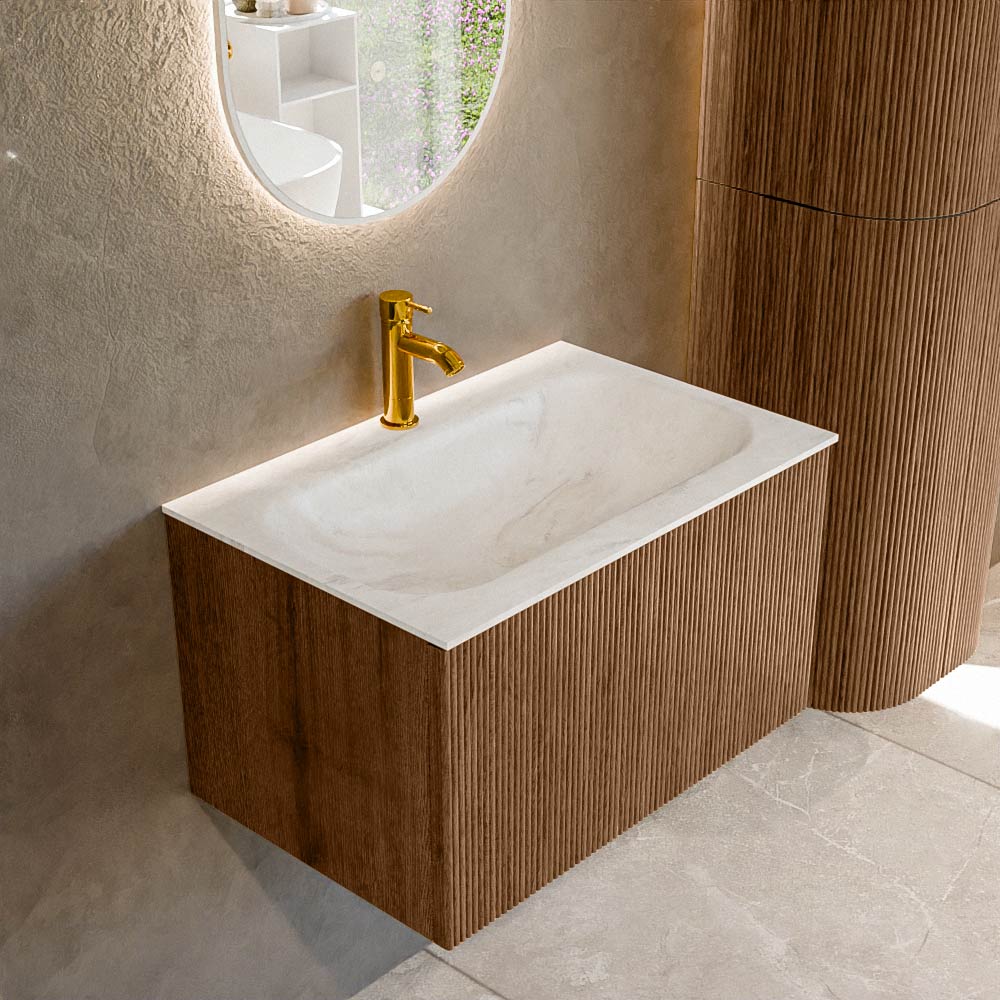Mondiaz KURVE-DLUX 70 cm Onderkast Greeploos 1 Lade Zonder Deuren Walnut, Wastafel Solid Surface Volledig Ostra 1 Kraangat Zonder Spiegel (KRVBGS701L0D1KM-Wal/Ost)