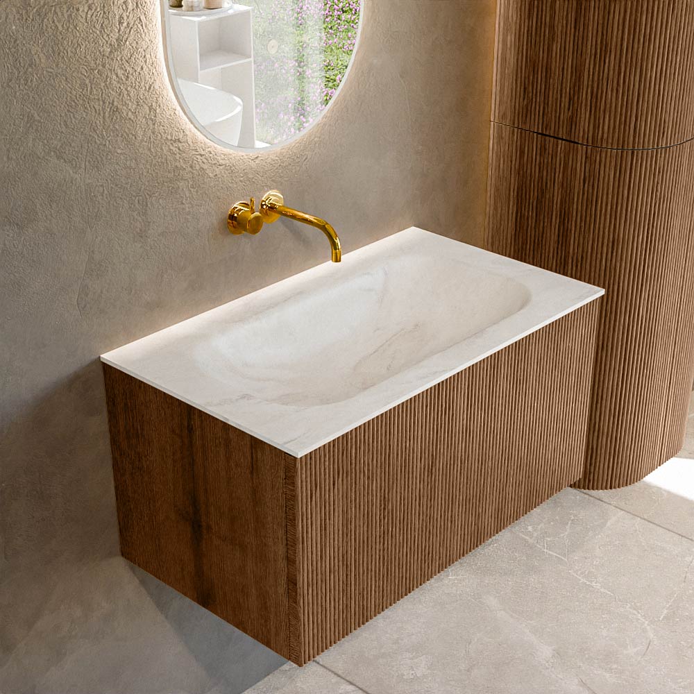Mondiaz KURVE-DLUX 80 cm Onderkast Greeploos 1 Lade Zonder Deuren Walnut, Wastafel Solid Surface Volledig Ostra 0 Kraangaten Zonder Spiegel (KRVBGS801L0D0KM-Wal/Ost)