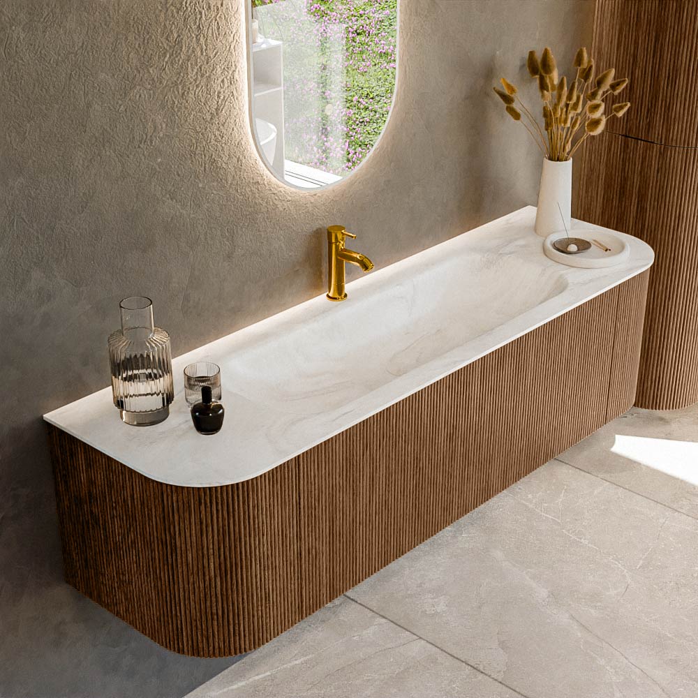 Mondiaz KURVE-DLUX 160 cm Onderkast Greeploos 1 Lade Met Deuren Walnut, Wastafel Solid Surface Midden Ostra 1 Kraangat Zonder Spiegel (KRVBGM160L+R1L2D1KM-Wal/Ost)