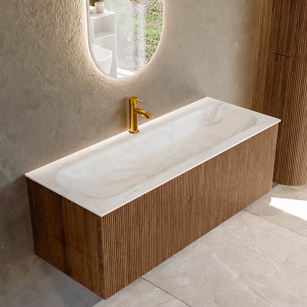 Mondiaz KURVE-DLUX 120 cm Onderkast Greeploos 1 Lade Zonder Deuren Walnut, Wastafel Solid Surface Volledig Ostra 1 Kraangat Zonder Spiegel (KRVBGL1201L0D1KM-Wal/Ost)
