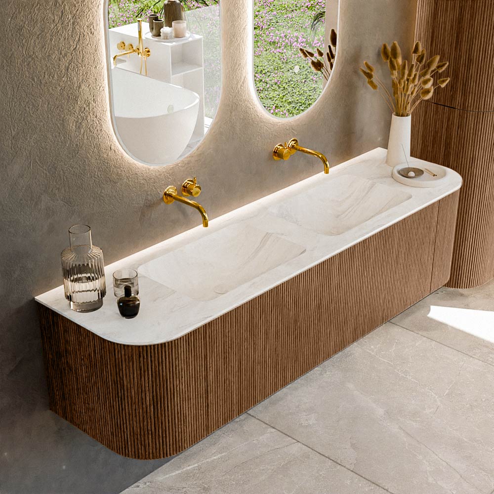 Mondiaz KURVE-DLUX 170 cm Onderkast Greeploos 1 Lade Met Deuren Walnut, Wastafel Solid Surface Dubbel Ostra 0 Kraangaten Zonder Spiegel (KRVLEA170L+R1L2D0KD-Wal/Ost)