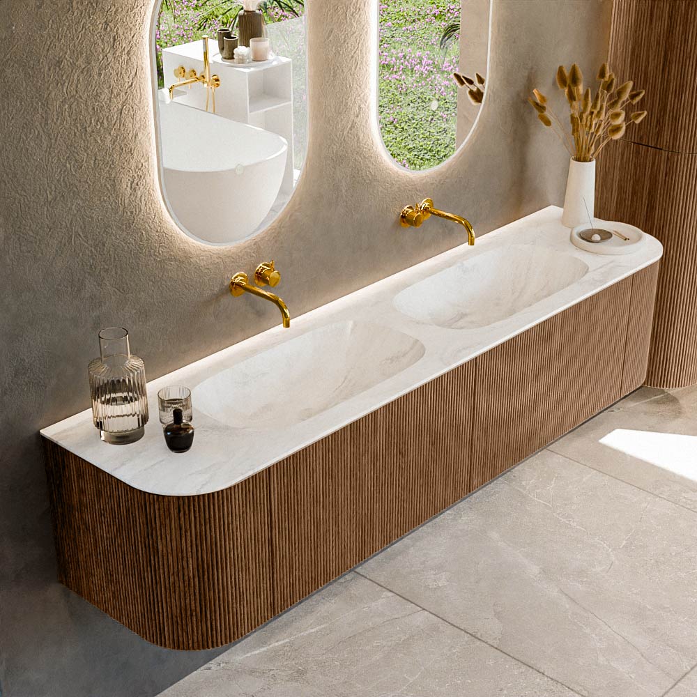 Mondiaz KURVE-DLUX 190 cm Onderkast Greeploos 2 Lades Met Deuren Walnut, Wastafel Solid Surface Dubbel Ostra 0 Kraangaten Zonder Spiegel (KRVSTS190L+R2L2D0KD-Wal/Ost)