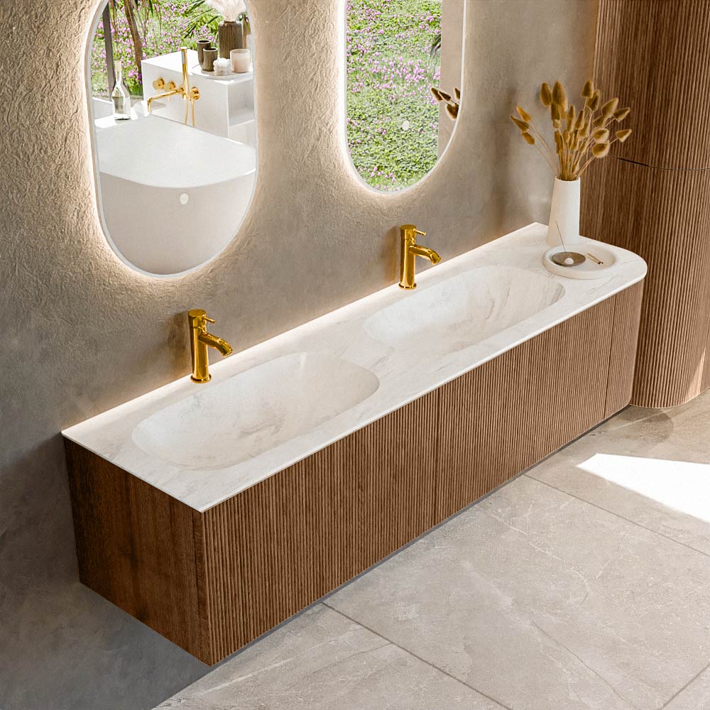 Mondiaz KURVE-DLUX 175 cm Onderkast Greeploos 2 Lades Met Deuren Walnut, Wastafel Solid Surface Links Ostra 2 Kraangaten Zonder Spiegel (KRVSTS175R2L1D2KD-Wal/Ost)