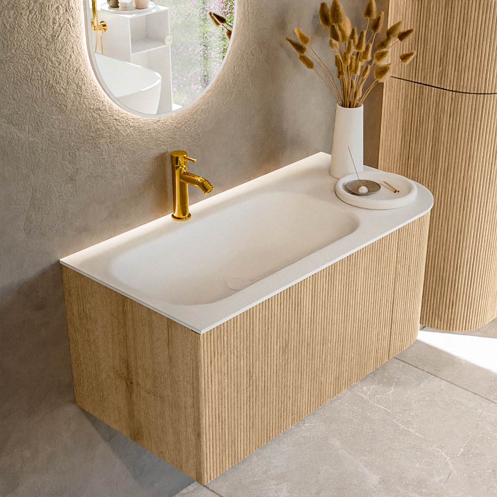 Mondiaz KURVE 95 cm Onderkast Greeploos 1 Lade Met Deuren Oak, Wastafel Solid Surface Links Talc 1 Kraangat Zonder Spiegel (KRVBGS95R1L1D1KL-Oak/Tal)