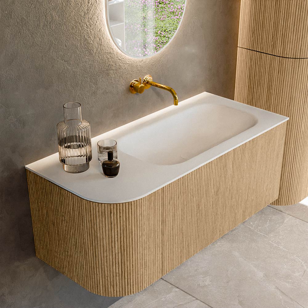 Mondiaz KURVE 105 cm Onderkast Greeploos 1 Lade Met Deuren Oak, Wastafel Solid Surface Rechts Talc 0 Kraangaten Zonder Spiegel (KRVBGS105L1L1D0KR-Oak/Tal)