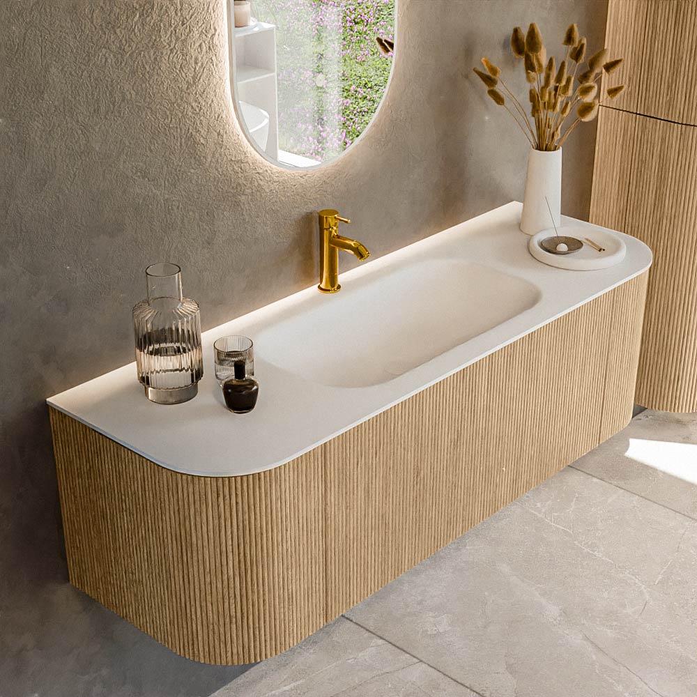 Mondiaz KURVE 140 cm Onderkast Greeploos 1 Lade Met Deuren Oak, Wastafel Solid Surface Midden Talc 1 Kraangat Zonder Spiegel (KRVBGS140L+R1L2D1KM-Oak/Tal)