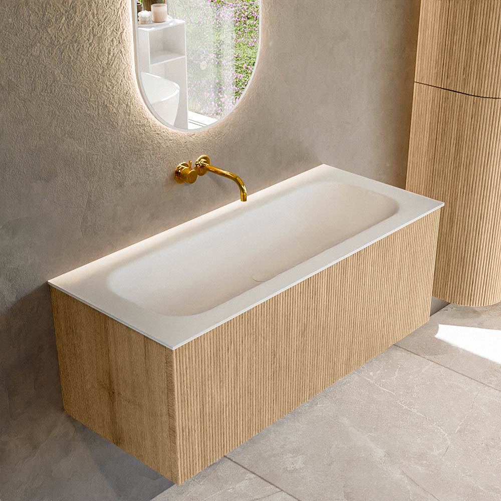 Mondiaz KURVE 110 cm Onderkast Greeploos 1 Lade Zonder Deuren Oak, Wastafel Solid Surface Volledig Talc 0 Kraangaten Zonder Spiegel (KRVBGM1101L0D0KM-Oak/Tal)