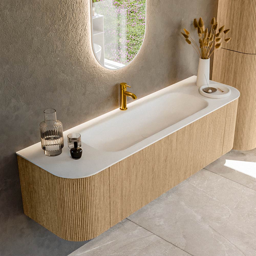Mondiaz KURVE 160 cm Onderkast Greeploos 1 Lade Met Deuren Oak, Wastafel Solid Surface Midden Talc 1 Kraangat Zonder Spiegel (KRVBGM160L+R1L2D1KM-Oak/Tal)