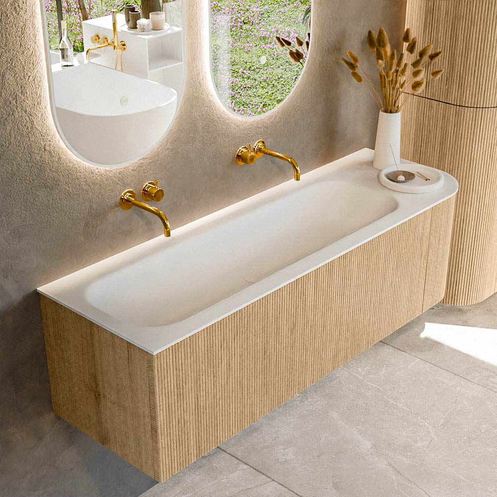 Mondiaz KURVE 145 cm Onderkast Greeploos 1 Lade Met Deuren Oak, Wastafel Solid Surface Links Talc 0 Kraangaten Zonder Spiegel (KRVBGL145R1L1D0KL-Oak/Tal)