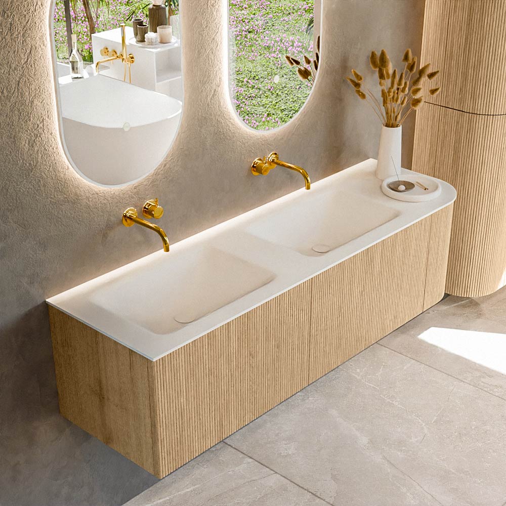 Mondiaz KURVE 155 cm Onderkast Greeploos 2 Lades Met Deuren Oak, Wastafel Solid Surface Links Talc 0 Kraangaten Zonder Spiegel (KRVCLO155R2L1D0KD-Oak/Tal)