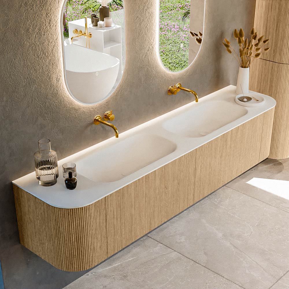 Mondiaz KURVE 200 cm Onderkast Greeploos 2 Lades Met Deuren Oak, Wastafel Solid Surface Dubbel Talc 0 Kraangaten Zonder Spiegel (KRVBGS200L+R2L2D0KD-Oak/Tal)