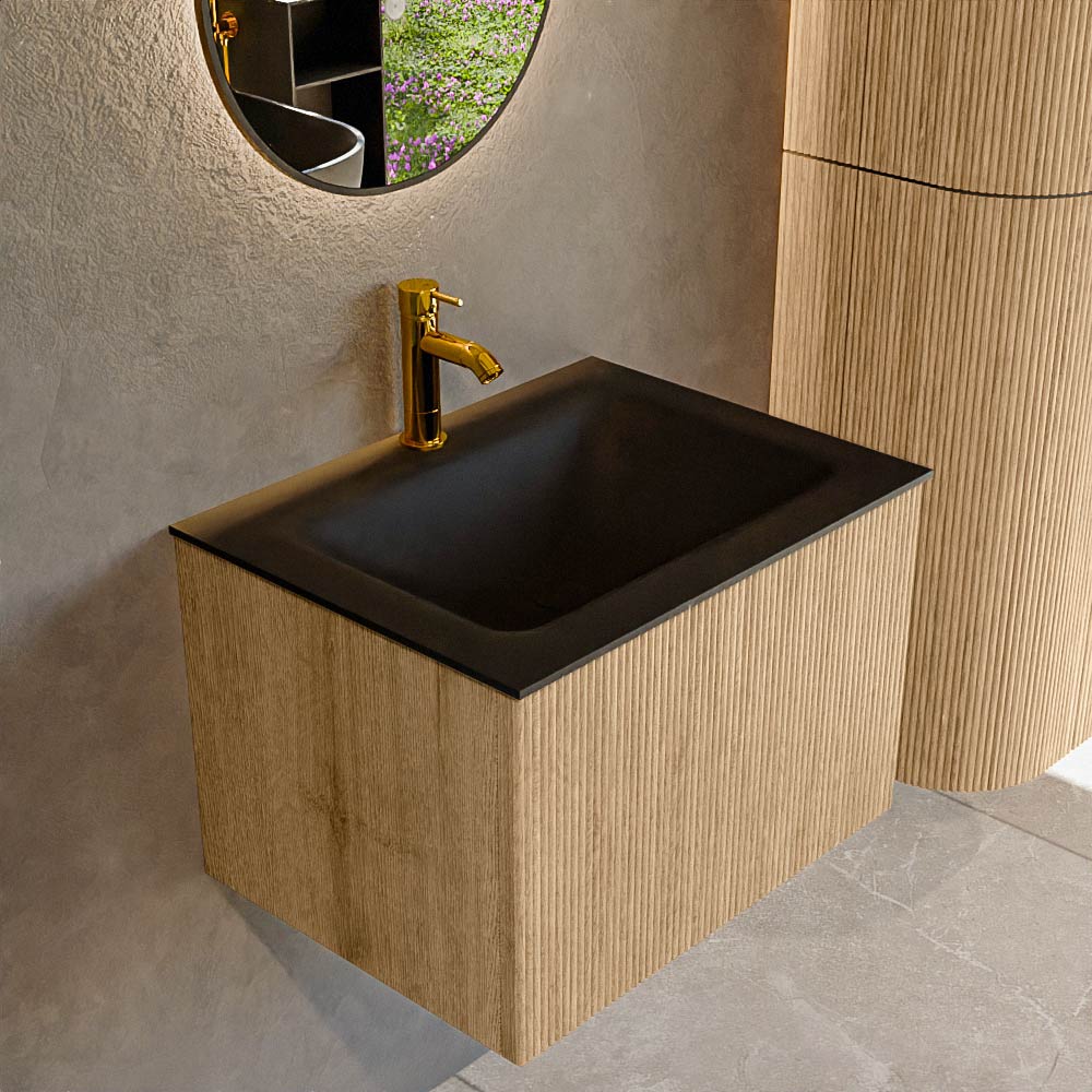 Mondiaz KURVE 60 cm Onderkast Greeploos 1 Lade Zonder Deuren Oak, Wastafel Solid Surface Midden Urban 1 Kraangat Zonder Spiegel (KRVCLO601L0D1KM-Oak/Urb)