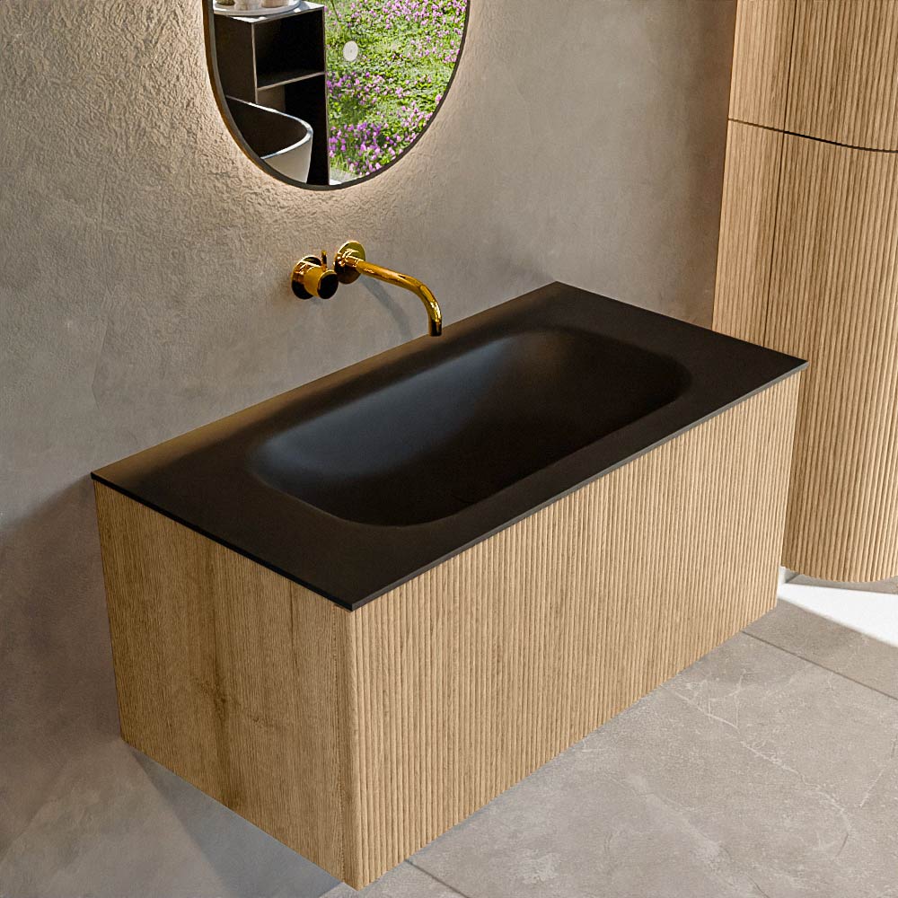 Mondiaz KURVE 90 cm Onderkast Greeploos 1 Lade Zonder Deuren Oak, Wastafel Solid Surface Midden Urban 0 Kraangaten Zonder Spiegel (KRVBGS901L0D0KM-Oak/Urb)
